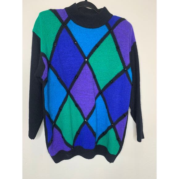 Vintage Silk Angora Blend Black Blue Diamond Beaded Sweater Sz Large - Picture 5 of 9